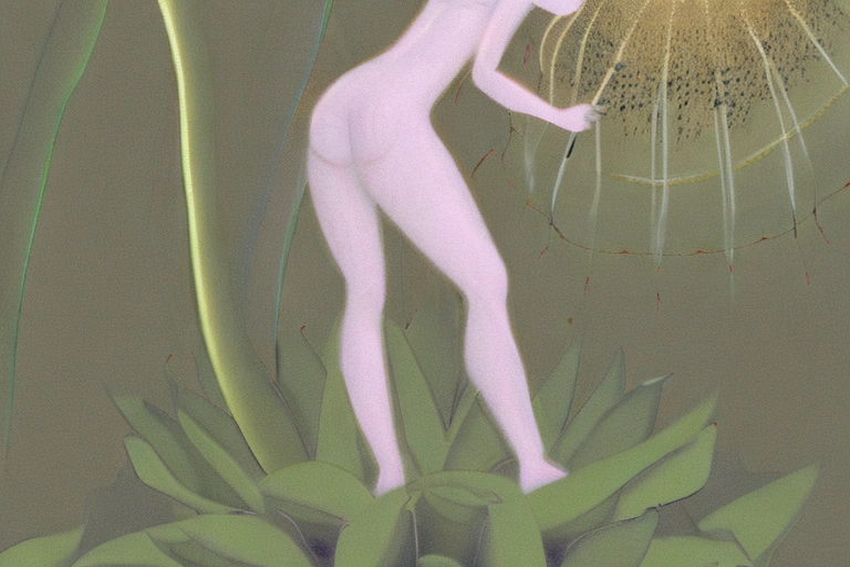 A female nymph stands in an all-encompassing encompassing light