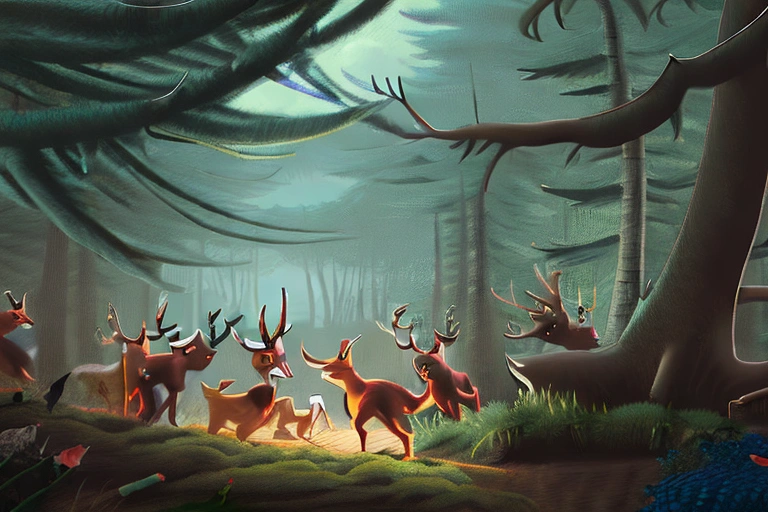 A forest with a group of hunters surrounding a deer. The deer is in distress and one of the hunters 