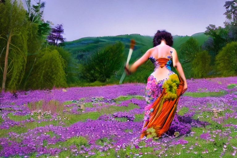 A full-bodied nymph is surrounded by a field of wildflowers. She is clad in a a colorful dress and c