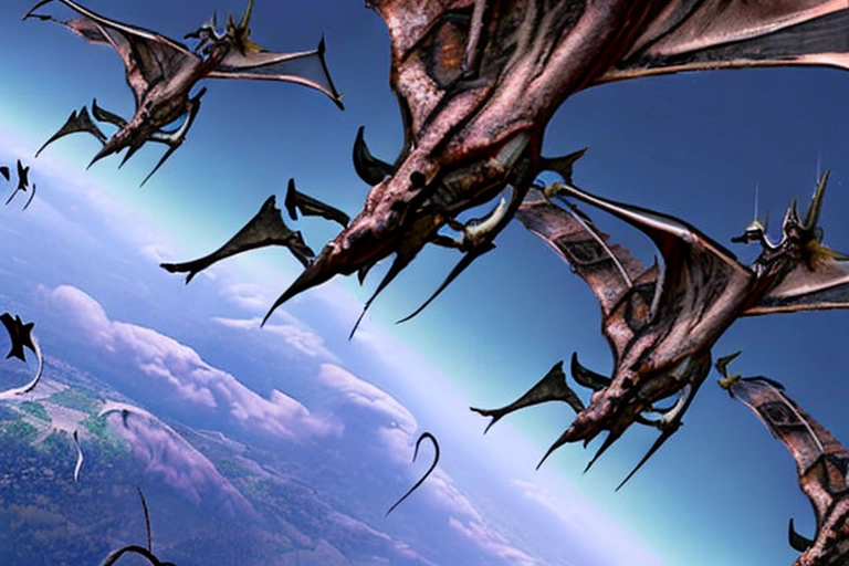 A group of dark and terrible dragons fly overhead in an image of Europe.