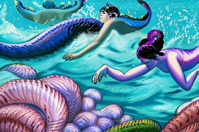 Mermaids swimming in a salt water ocean.