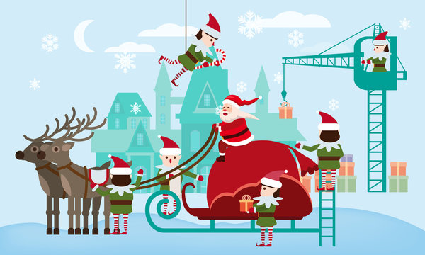 Santa Claus on a sleigh with deers and a huge bag of gifts. Elves helpers collect gifts